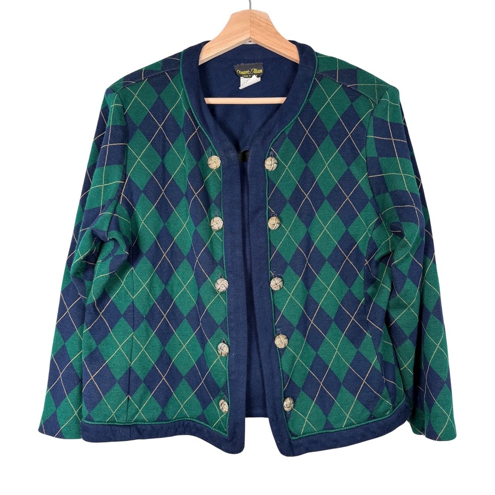 Stuart Alan Womens Cardigan‎ Sweater Jacket Navy Green Argyle Button Front Sz 18